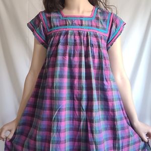 Vintage Purple Plaid 100% Cotton Square Neck House Dress